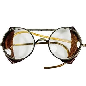 Antique Vintage Motorcycle Glasses W/ Side Leather Metal Wire Frame Round Lens